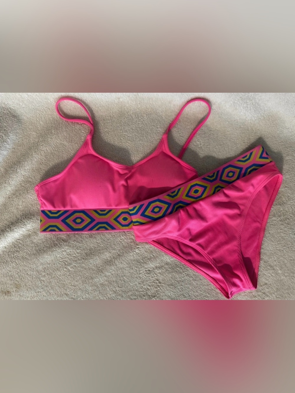 SHEIN Bright Hot Pink Ribbed Bikini Set with Geometric Elastic Band